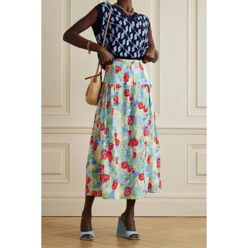 NEW RIXO Nancy Floral Print Voile Midi Skirt Blue Red Size US 6 UK 10